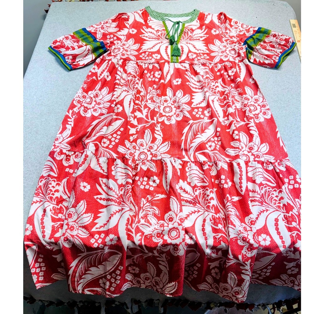 Women's 4X Coral Floral Tiered Midi Dress Boho Cottagecore Tassel Tie Plus Size